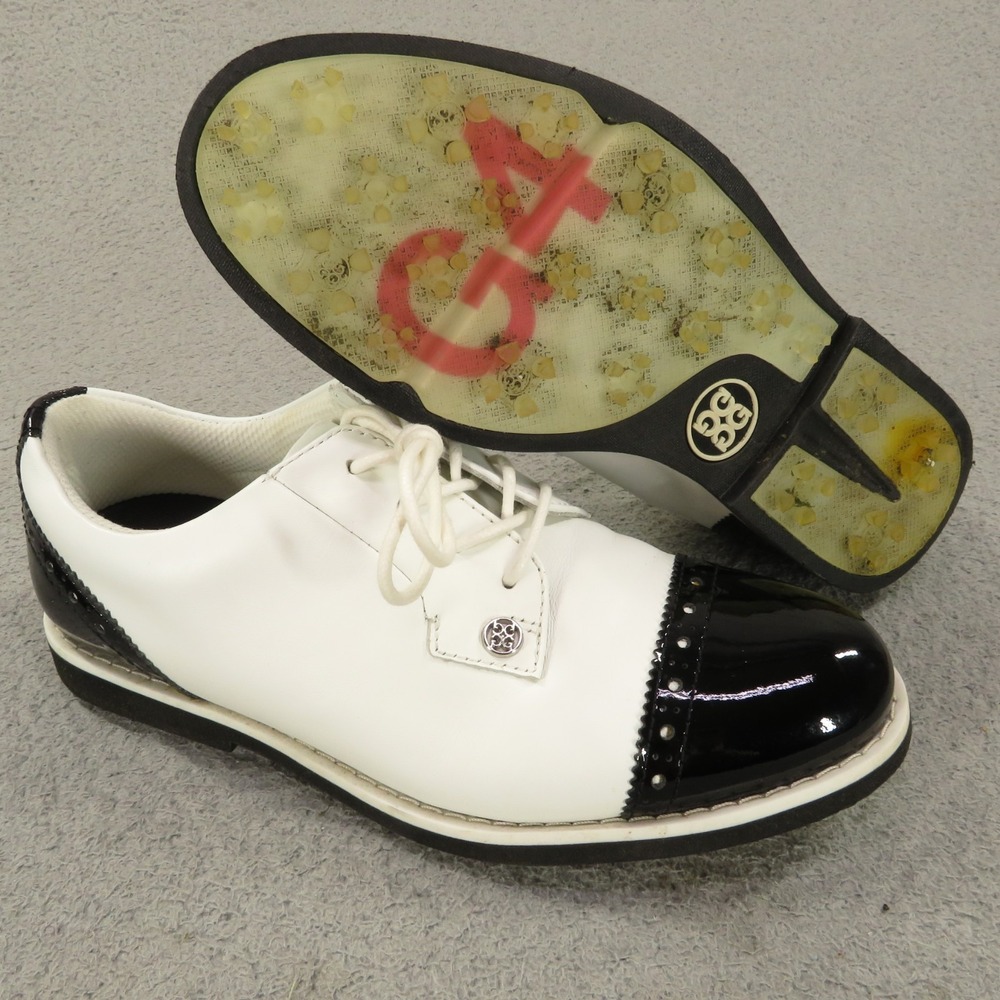 G/Fore Golf Shoes Womens 6 White Black Gallivanter Patent Leather Cap Toe Brogue